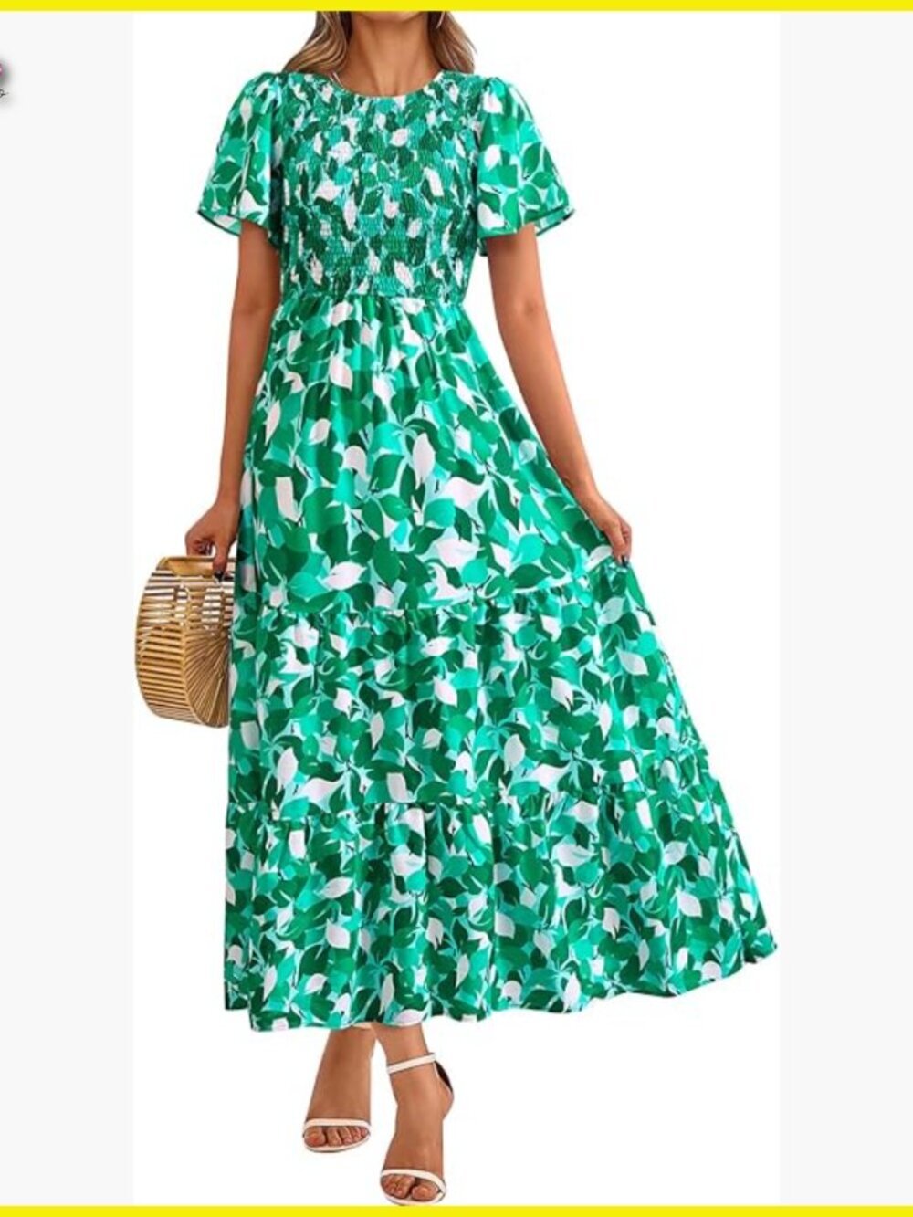 Flutter Sleeve Smocked Maxi Dress Boho Floral Tiered Summer Casual Elegant